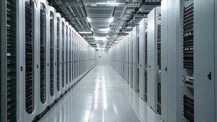 Poster - Modern data center featuring rows of server racks with illuminated equipment in a high tech environment, Modern data center with rows of server racks and advanced technology
