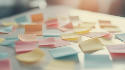 Poster - Colorful sticky notes are scattered across a white table, suggesting a brainstorming session or visual thinking process in a bright and creative environment