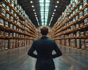 Poster - A professional businessman in a vast warehouse setting  long title A well dressed business executive standing in the middle of a cavernous