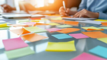 Poster - Business team brainstorming and sharing ideas using colorful sticky notes on a glass table, working together on a project in a modern office environment