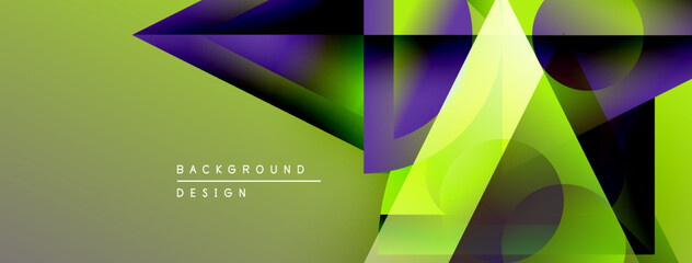 Poster - Abstract geometric shapes overlap, creating vibrant green, purple gradients. Modern design elements suggest dynamic visual experience.