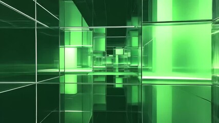 Poster - Green glow reflecting through glass cubicles creates an abstract space of light and geometry, Abstract background of green glow through glass cubes Front view seamless