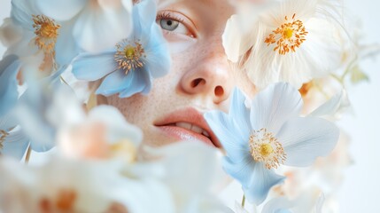 Poster - Close-up of a person surrounded by delicate flowers, capturing natural beauty and serene expression in a soft light setting