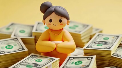 Poster - Cartoon character surrounded by stacks of cash in a cheerful setting, Minimal cartoon style cash appears 3D render