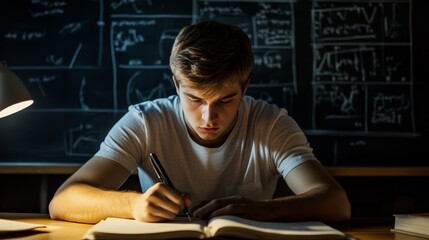 Poster - Young student writing on a notebook, illuminated by the light of a desk lamp, in front of a blackboard full of math formulas, studying late into the night