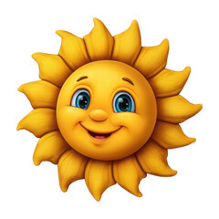 Poster - Cheerful cartoon sun character with bright blue eyes and smiling face isolated on transparent background