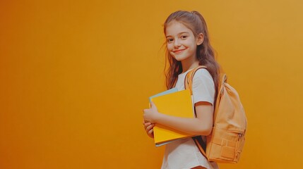 Poster - Happy elementary school student carrying colorful books and a backpack while smiling on an orange studio background, ready for the new school year