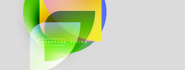 Poster - Abstract shapes overlap, creating vibrant color gradients. Minimalist design with text elements. Light gray background provides contrast.
