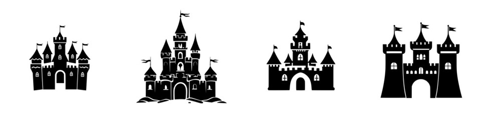 Poster - Offering a set of four silhouette pictograms of castles, each with distinct shapes and features