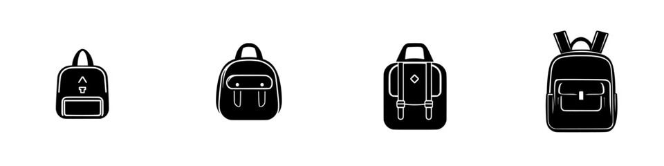 Poster - Set of four silhouette pictograms representing different styles of backpacks for various activities and uses