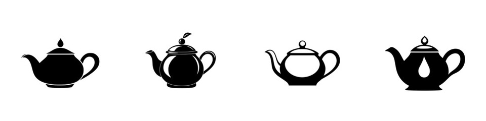 Poster - Silhouette pictogram of four diverse teapots showcasing varied shapes and designs for culinary and decorative purposes