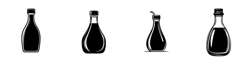 Poster - Silhouette pictogram of various bottle shapes representing sauces or condiments for culinary design and graphic applications
