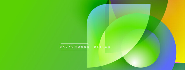 Poster - Bright abstract background. Overlapping translucent shapes create dynamic visual effect. Green dominates, with orange, blue accents. Modern design.
