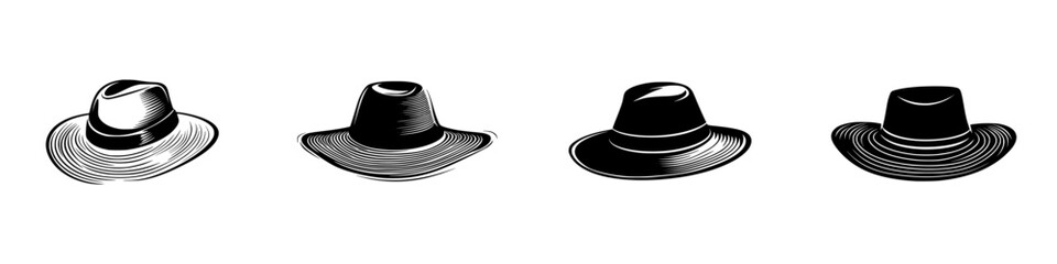 Poster - Collection of silhouette pictograms showcasing various styles of hats in minimalist design, perfect for graphic use or design projects
