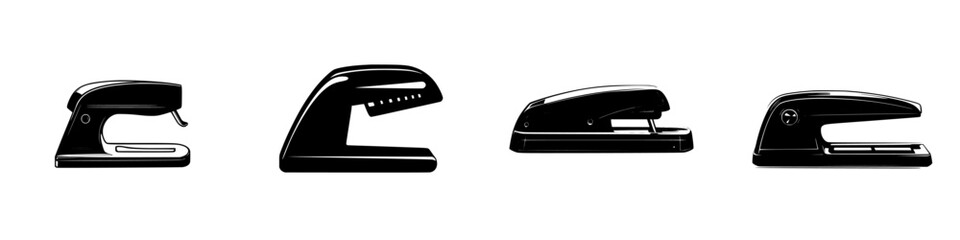 Poster - Silhouette pictogram set illustrating various staplers displayed in a row for graphic design and icon representation