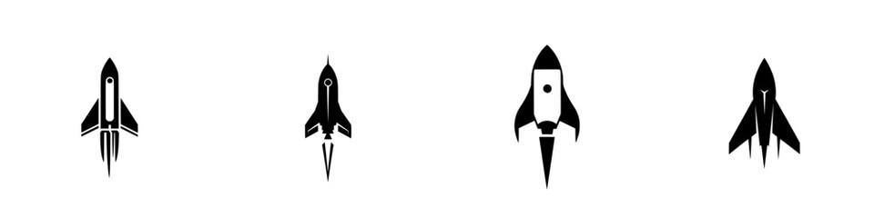 Poster - Silhouettes of various rocket designs in black against a white background showcasing futuristic spacecraft concepts