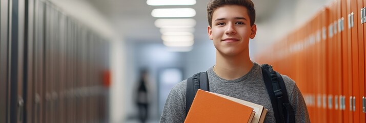 Poster - Portrait of a confident male student smiling while carrying books and a backpack in a bustling school hallway, feeling ready for class and eager to embrace new learning opportunities