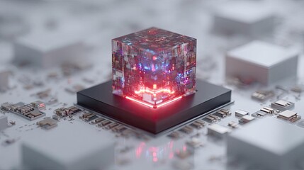 Aufkleber - Hybrid processor in plasma development concept. A glowing, futuristic computer chip on a circuit board.