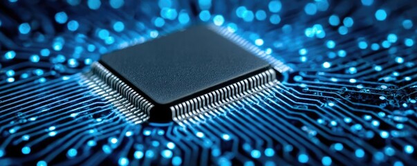 Aufkleber - Adaptive chip and programmable integration concept. Close-up of a microchip surrounded by blue circuit patterns.