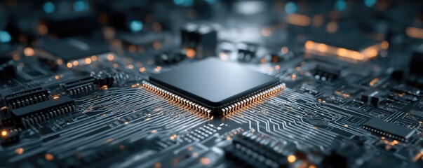 Aufkleber - Adaptive chip and programmable integration concept. Close-up of a microchip on a circuit board with glowing elements.