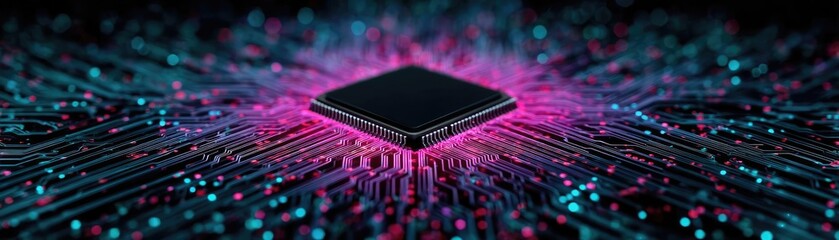 Aufkleber - Adaptive chip and programmable integration concept. Futuristic microchip surrounded by colorful digital circuits.