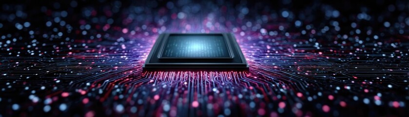 Aufkleber - Adaptive chip and programmable integration concept. Abstract image of a microchip illuminated in vibrant colors.