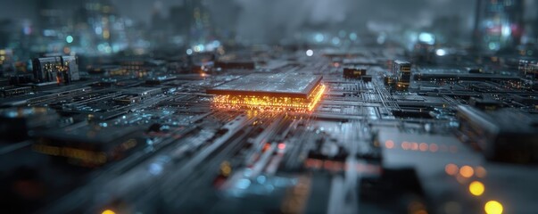 Aufkleber - Hybrid processor in plasma development concept. A futuristic circuit board illuminated with orange light.