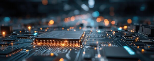 Aufkleber - Hybrid processor in plasma development concept. Close-up of a microchip on a circuit board with glowing elements.