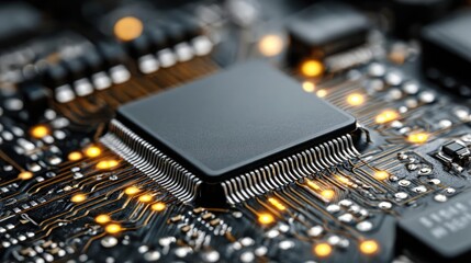 Aufkleber - Adaptive chip and programmable integration concept. Close-up of a microchip on a circuit board with glowing lights.