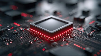 Aufkleber - Adaptive chip and programmable integration concept. Close-up of a circuit board with a glowing microprocessor chip.
