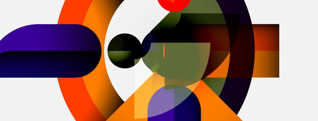 Poster - Abstract geometric composition. Overlapping shapes create dynamic visual interest. Colors include orange, purple, white, green, red. Modern design.