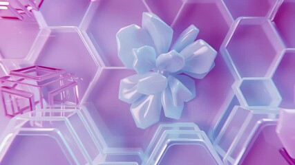 Poster - Geometric design with pink and blue hexagon shapes and floral elements in a modern aesthetic, Modern geometric background with hexagon shapes 3D render VJ