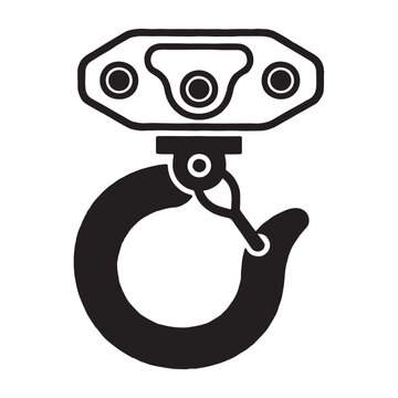 Minimalist Industrial Crane Hook Icon with Geometric Lines and Mechanical Details on White Background for Technical Use.