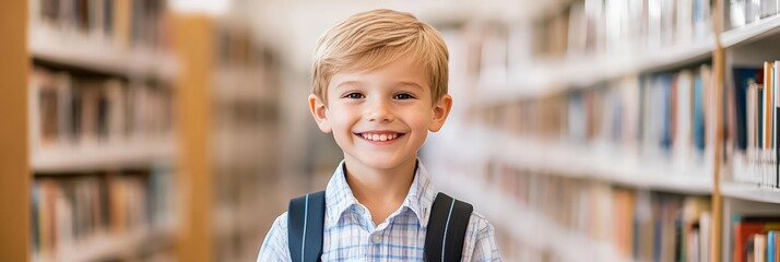 Poster - Cheerful schoolboy wearing a backpack, standing confidently in a library, surrounded by bookshelves, eagerly preparing for the upcoming school year filled with learning and adventure