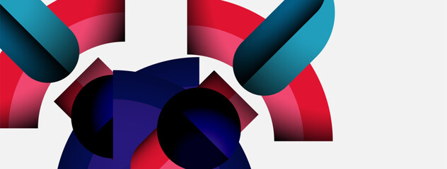 Poster - Abstract shapes overlap, creating dynamic composition. Red, blue, dark tones dominate white background. Modern design elements present.