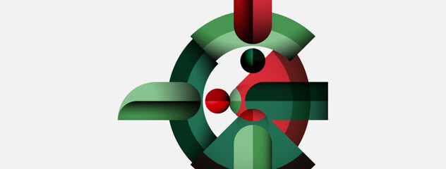 Aufkleber - Abstract geometric composition. Green, red, black shapes overlap white background. Modern design, minimalist aesthetic.