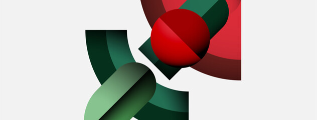 Poster - Abstract geometric composition. Red sphere intersects green, maroon shapes. Minimalist design, clean lines, white background. Modern aesthetic.