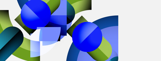 Aufkleber - Abstract composition features blue spheres, green shapes, overlapping forms. Minimalist design with vibrant colors, clean aesthetic.