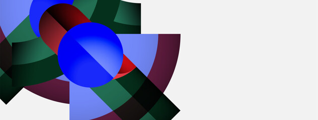 Aufkleber - Abstract composition features vibrant shapes, curves, colors. Blue sphere dominates, surrounded by red, green elements. Minimalist design.