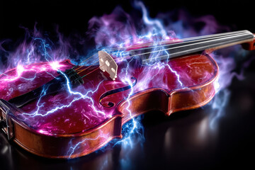 Poster - Electric violin surrounded by vibrant lightning effects in a dark setting