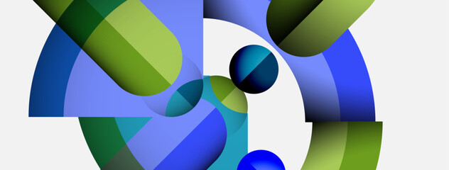 Poster - Abstract composition featuring overlapping circles, curves, gradients. Blue, green hues dominate minimalist design. Modern aesthetic.