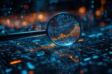 Poster - Magnifying glass analyzing a glowing digital chart in a futuristic data concept