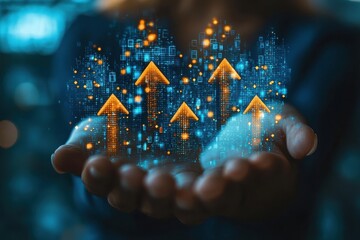 Poster - Digital visualization of upward growth with glowing arrows