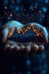 Poster - Hands presenting illuminated glowing rising graph on a futuristic digital background
