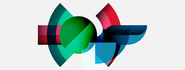 Poster - Abstract geometric shapes overlap, creating vibrant color blends. Design features curves, circles, rectangles, gradients. Modern aesthetic.