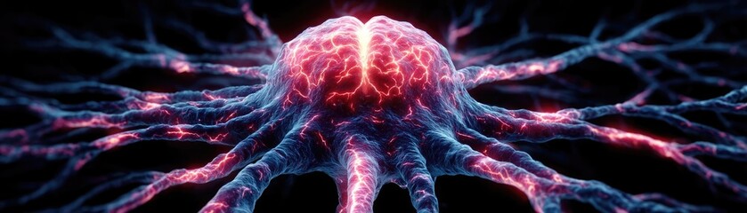 Poster - Cortex processor supports neuron activation process concept. An abstract representation of a neuron glowing in vibrant colors.