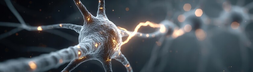 Aufkleber - Cortex processor supports neuron activation process concept. Close-up view of a neuron structure transmitting signals.