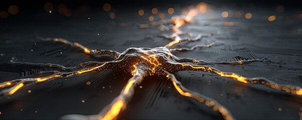 Aufkleber - Cortex processor supports neuron activation process concept. A glowing network of energy surging through a dark surface.