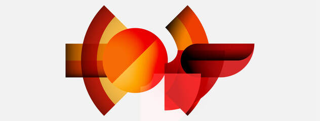 Poster - Abstract design features layered orange, red shapes. Circular elements intersect creating dynamic visual impact. Minimalist style, warm tones dominate.