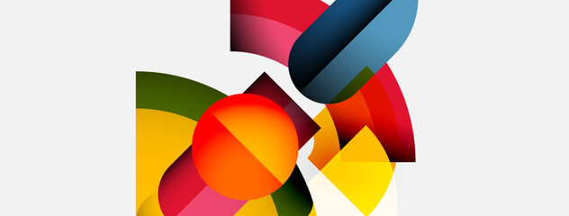 Aufkleber - Abstract composition features colorful geometric shapes. Overlapping forms create dynamic visual interest, using gradients, curves, angles.